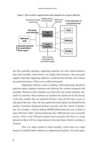 fact that, generally speaking, supporting industries are more capital-intensive
than final assembly, which tends to be highly labor-intensive. One auto parts
supplier stated that supporting industries would develop naturally even without
any promotion policy, if there was a sufficient demand.
Supporting industries such as molding, metal processing and plastic
injection require expensive machines and relatively few workers compared with
assembly. Moreover, these machines are indivisible (one cannot purchase one-
tenth of a machine). Once machines are installed, the capital cost for the factory
is the same whether they are operated 24 hours a day and 365 days a year, or
only part of the time. Thus, the unit capital cost (total capital cost divided by the
number of products produced) declines inversely with the volume of produc-
tion. For example, a factory making 600,000 plastic parts per year is likely to
enjoy efficiency while a factory producing only 2,000 parts per year can hardly
survive. That is why FDI parts makers need assurance that there is a large
demand (or there will be a large demand in the near future) before investing in
Vietnam.
This is in sharp contrast to final assembly, which relies on a large
amount of unskilled labor without any sophisticated machines. For such opera-
6
Vietnam Development Forum
Industrial human
resources
Stable policy
environment
Overcoming
information &
perception gaps
Tariff & tax
policies
Delivery
Cost
Quality
FDI
Suppliers
Local
Suppliers
Demand
size
Three elements of
competitiveness
FDI inflow,
cost reduction
Domestic demand
(to assemblers)
Parts export
Figure 1. How to achieve agglomeration and competitiveness in parts industries
 