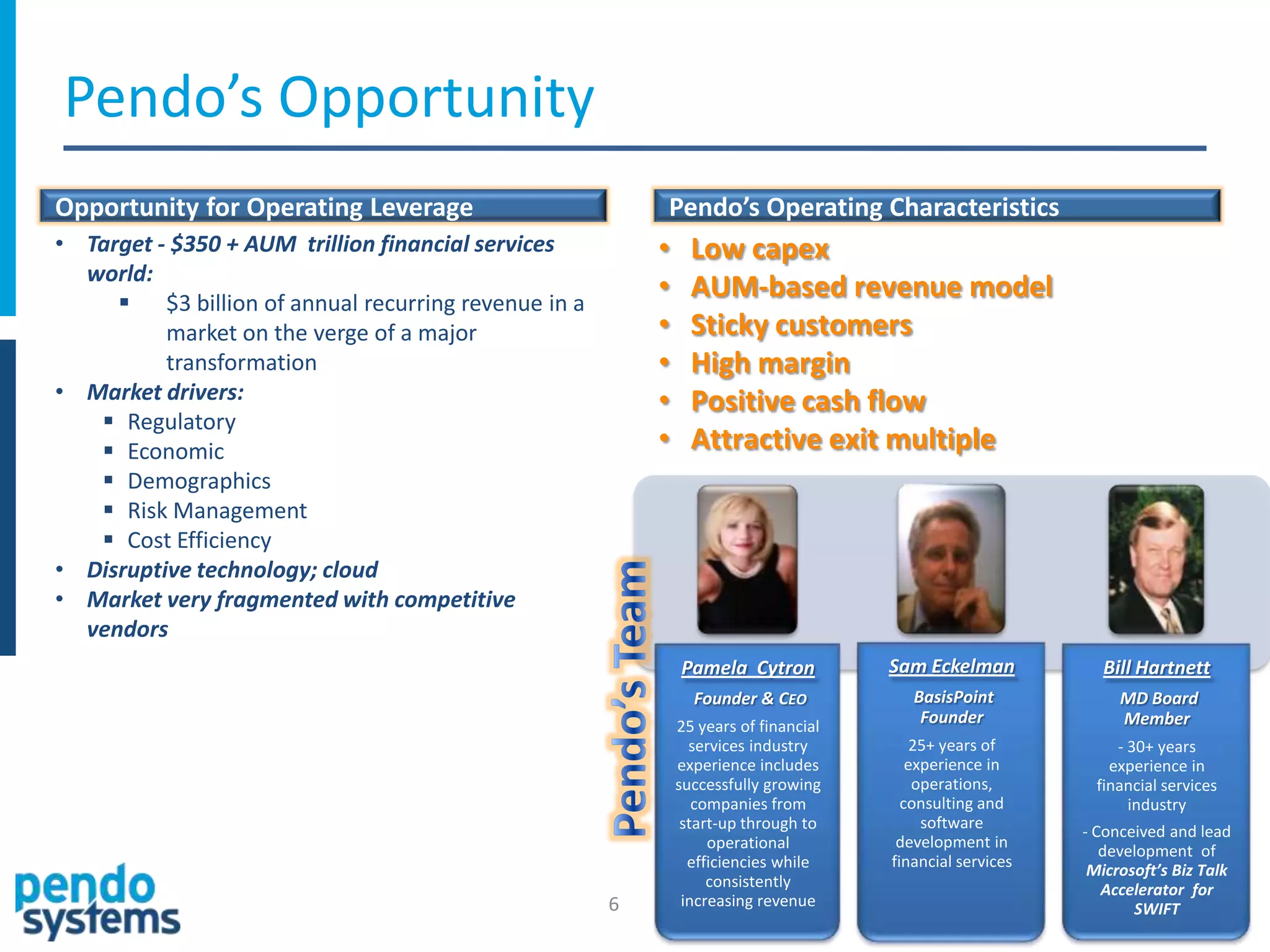 Pendo’s Opportunity
Opportunity for Operating Leverage                       Pendo’s Operating Characteristics
• Target - $350 + AUM trillion financial services        •     Low capex
  world:
      $3 billion of annual recurring revenue in a
                                                         •     AUM-based revenue model
          market on the verge of a major                 •     Sticky customers
          transformation                                 •     High margin
• Market drivers:                                        •     Positive cash flow
    Regulatory
    Economic                                            •     Attractive exit multiple
    Demographics
    Risk Management
    Cost Efficiency
• Disruptive technology; cloud
• Market very fragmented with competitive
  vendors
                                                             Pamela Cytron           Sam Eckelman           Bill Hartnett
                                                               Founder & CEO            BasisPoint             MD Board
                                                             25 years of financial
                                                                                         Founder               Member
                                                               services industry         25+ years of          - 30+ years
                                                             experience includes        experience in         experience in
                                                             successfully growing        operations,        financial services
                                                                companies from         consulting and            industry
                                                              start-up through to         software
                                                                                                          - Conceived and lead
                                                                  operational         development in
                                                                                                             development of
                                                               efficiencies while    financial services
                                                                                                           Microsoft’s Biz Talk
                                                                  consistently                               Accelerator for
                                                     6        increasing revenue                                 SWIFT
 