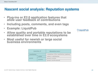 Sibos | Innotribe 2011




Nascent social analysis: Reputation systems

• Plug-ins or E2.0 application features that
     allow user feedback of contributions
•    Including posts, comments, and even tags
•    Example: LiquidPub
•    Allow quality and portable reputations to be
     established over time in E2.0 ecosystems
•    Most useful for newish or large social
     business environments




(cc) 2011 Dachis Group. Creative Commons. Some Rights Reserved.   21
 