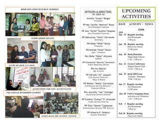 BOOK DONATION TO PUBLIC SCHOOLS
                                                                OFFICERS & DIRECTORS                   UPCOMING
                                                                         RY 2009-10
                                                                   Amelia “Susan” Ringol               ACTIVITIES
                                                                           President
                                                               PP Ma. Cecilia “Maricel” Royo        DATE      ACTIVITY / VENUE
                                                                    Vice President-Internal
                                                                               e
                                                                                                                       TIME
                                                              PE Ana “Girlie” Gustilo-Talapian      2010
                                                                    Vice President-External
                                                                                                    Jan 13 Regular meeting
                   SCHOLARSHIP GRANTS                         PP Adoracion “Sioni” Fernando                Ara Restaurant
                                                                           Secretary                       7:00 p.m.
                                                                   PN Nilda “Nilds” Borja           Jan 20 Regular meeting
                                                                           Treasurer                       Discovery Suites
                                                                  PN Imelda “Imee” Busto                   12:00 noon
                                                                        Asst. Treasurer
                                                                                                    Jan 20 Book Donation
                                                                 Rtn Delia “Delia” Alicante                Mapa High School
                                                                            Auditor                        1:30 – 2:00 p.m.
                                                              PP Emmanuel “Mannie” Alcantara
                                                                   Public Relations Officer         Jan 21 Green Conference
 EVERY READER A LEADER                                                                                     Makati Sports Club
                                                                       Rtn Au Abacan                       12:30– 5:00 p.m.
                                                                          Sgt at Arms
                                                                  PP Alfredo “Al” Joaquin           Jan 23 Kick Off Event
                                                                     Club Service Director/                Tanauan , Batangas
                                                                         Ways & Means                      9:00- 5:00 pm

                                                               PP Walter “Wally” Cervantes          Jan 27 Regular meeting
                                                                 Community Service Director/               Ara Restaurant
                    ACCOUNTING FOR NON- ACCOUNTANTS                   Protocol Officer
                                                                                                           12:00 noon
VOCATIONAL ROADSHOW CO-HOST                                     Rtn Joycelie “Joy” Casingal
                                                                  Vocational Service Director       Jan 30 Visit to Stepping Stone
                                                                                                           and turn-over Donation
                                                              PP Evelina “Evelyn” P. Alvarado              1:30 – 2:00 p.m.
                                                                    Youth Service Director
                                                                                                    Feb 3 Regular meeting
                                                                PP Elisa “Sessie” Caoyonan                Ara Restaurant
                                                               International Service/TRF Director         7:00 p.m.
                                                                   PP Almario P. Velasco            Feb 10 Regular meeting
                                                                       Charter President
                              SEMINAR ON THE JUSTICE SYSTEM                                                 Discovery Suites
 
