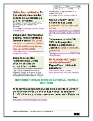 Año            Mes                  Día
                                                                 2011   10       Octubre             04
                                                       alcalde panista de Aguascalientes en el
Hablar bien de México. En                              periodo 2005-2007…
tres años la violencia ha                              http://www.proceso.com.mx/?p=283226
sacado de sus hogares a
230 mil personas                                       Cae La Chucky, joven
Tamaulipas, Sinaloa, Durango, Chihuahua,               sicaria de Los Zetas
Zacatecas y NL, las entidades más
afectadas…                                             [“trabajadora” de los cárteles del
http://www.jornada.unam.mx/2011/10/04/p                empleo]
olitica/003n1pol                                       http://www.excelsior.com.mx/index.php?m=
                                                       nota&id_nota=772607&seccion=nacional&ca
Despliegan Plan Veracruz                               t=1
Seguro, nueva estrategia
                                                       “Inminente retirada” de
federal y estatal [de “planes”
                                                       70% de los agentes
reactivos, no preventivos, hechos
sobre las rodillas en cuestión de                      federales asignados a
días, ya estamos hartos]                               Juárez [Se vayan o se queden…
http://www.excelsior.com.mx/index.php?m=               ¡a temblar!”]
nota&id_nota=772618                                    http://www.jornada.unam.mx/2011/10/04/p
                                                       olitica/009n2pol
Caen 13 presuntos
                                                       En la ciudad del “mejor
“narcopolicías”, entre
                                                       alcalde del mundo”.
ellos un escolta de
excandidato panista                                    Explosión en oficina de
Entre los presentados se encuentra Christian           paquetería
Leos Vázquez, jefe de seguridad en la                  http://impacto.mx/La_Ley/nota-
delegación Morelos, en el oriente de esta              19731/Explosión_en_oficina_de_paquetería
ciudad y quien además se desempeñó como
escolta personal de Martín Orozco Sandoval,


  KAKISTOCRACIA, PLUTOCRACIA, MEDIOCRACIA, PARTIDOCRACIA, TEOCRACIA Y
                            OTROS PODERES

Ni la primera piedra han puesto de la sede de la Cumbre
del G-20 dentro de un año en Los Cabos; le asignaron
$1,300 millones y temen corrupción como en la Estela de
Luz
http://cronica.com.mx/nota.php?id_nota=609352




Selección de información y caricaturas [PEDRO GUADIANA GARCÍA]
                                                                                                 2
 