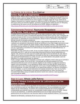 Año            Mes                 Día
                                                                 2011    12      Diciembre          07


La Créme de la créme. Eva Makívar
Antes digan que respiramos
Según la OCDE, México tiene el segundo nivel más elevado de desigualdad de los ingresos en la
población activa, justo por debajo de Chile y muy por encima de la media de la OCDE, a pesar de
su disminución desde mediados de los años noventa. El ingreso medio del 10 por ciento de los
hogares mexicanos con mayores ingresos en 2008 era de 228 mil 900 pesos, 25 veces por encima
del 10 por ciento con menores ingresos, que tenían una percepción media de ocho mil 700 pesos.
La diferencia es de nueve a uno en los países de la OCDE, destacó el organismo…
http://www.elfinanciero.com.mx/index.php/comentaristas/51862-la-creme-de-la-creme

Estrictamente Personal. Raymundo Rivapalacio
Peña Nieto, huele a sangre
La paliza que ha recibido Enrique Peña Nieto en las redes sociales por haber confundido de
escritor la autoría de un libro, es totalmente desproporcionada para lo que fue, pero reveladora de
lo que se le viene en 2012. Un error relevante en cuanto a cultura general, pero nada significativo
para evaluar su capacidad en la toma de decisión, dibuja en toda su dimensión lo que habrá de
afrontar durante la campaña presidencial.
Peña Nieto se ha convertido en el bufón de twitter y seguramente estigmatizado de por vida,
mediante una campaña de ridiculización donde se combinan la muy mala imagen que tiene en esa
red social –un panel creciente de clases medias y altas educadas y activas-, y las legiones de
francotiradores que políticos en distintas trincheras le han alineado para alimentar la percepción de
que es un ignorante y convertirla en el sofisma de que una persona con tales deficiencias, no
puede ser Presidente.
Peña Nieto ha sido víctima de su éxito. Al ser el puntero holgado en las encuestas de preferencias
electorales para 2012, nadie de sus potenciales adversarios pierde el tiempo peleándose con
alguien más, porque es al único que se le puede quitar algún punto de intención de voto. Esto lo
sabe él, por lo que es incomprensible que conocedor de que hay un telemercadeo (call centers)
que opera permanentemente en su contra, el suyo, que existe desde el año pasado, sean tan
deficiente y no pueda contrarrestar los ataques...
Huele a sangre. Peña Nieto ha empezado a caminar solo, obligado a tomar rutas que no controla e
ir a escenarios hostiles. No le ha ido bien. A la patinada de la semana pasada en la Feria
Internacional del Libro se le suma la reacción negativa en los medios a su discurso durante su
registro como precandidato, y a su declaración bipolar sobre el ex líder del PRI, donde todo el
apoyo que le dio un día, se lo quitó al siguiente, con lo que sí mostró debilidad en el proceso de
toma de decisiones. Ha salido mal librado en sus apariciones públicas, con flancos vulnerables y
sin buen blindaje. Lo que ha vivido hasta ahora son apenas escaramuzas. Se le ve muy fuerte,
pero no profesional, y popularidad no se traduce automáticamente en votos. Eso tiene que
recordarlo Peña Nieto, porque la batalla del próximo tendrá otra violencia, nada equiparable a lo
que le sucedió en twitter.
http://columnas.ejecentral.com.mx/estrictamentepersonal/2011/12/07/sangre/

Bajo la Lupa. Alfredo Jalife-Rahme
Hacia el bloque transregional de Latinoamérica y los
países árabes
Si los 22 países miembros de la Liga Árabe se encuentran en plena efervescencia revolucionaria –
con una tendencia cada vez más diáfana hacia la islamización” de sus sociedades que nunca
dejaron de ser mahometanas, al contrario de la narrativa fantasiosa de la trivial propaganda
occidentaloide que pretende imponer su insustentable modelo exógeno por la vía militar, cuando
no por la vía subversiva–, la vibrante Latinoamérica (LA) vive el mejor posicionamiento
geoeconómico de su historia (lo cual reconoce hasta la revista neoliberal británica The Economist,
Selección de información y caricaturas [PEDRO GUADIANA GARCÍA]
                                                                                                7
 