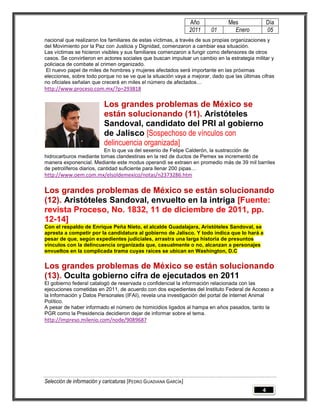 Año           Mes                Día
                                                                 2011   01       Enero            05
nacional que realizaron los familiares de estas víctimas, a través de sus propias organizaciones y
del Movimiento por la Paz con Justicia y Dignidad, comenzaron a cambiar esa situación.
Las víctimas se hicieron visibles y sus familiares comenzaron a fungir como defensores de otros
casos. Se convirtieron en actores sociales que buscan impulsar un cambio en la estrategia militar y
policiaca de combate al crimen organizado.
 El nuevo papel de miles de hombres y mujeres afectados será importante en las próximas
elecciones, sobre todo porque no se ve que la situación vaya a mejorar, dado que las últimas cifras
no oficiales señalan que crecerá en miles el número de afectados…
http://www.proceso.com.mx/?p=293818

                          Los grandes problemas de México se
                          están solucionando (11). Aristóteles
                          Sandoval, candidato del PRI al gobierno
                          de Jalisco [Sospechoso de vínculos con
                          delincuencia organizada]
                           En lo que va del sexenio de Felipe Calderón, la sustracción de
hidrocarburos mediante tomas clandestinas en la red de ductos de Pemex se incrementó de
manera exponencial. Mediante este modus operandi se extraen en promedio más de 39 mil barriles
de petrolíferos diarios, cantidad suficiente para llenar 200 pipas…
http://www.oem.com.mx/elsoldemexico/notas/n2373286.htm

Los grandes problemas de México se están solucionando
(12). Aristóteles Sandoval, envuelto en la intriga [Fuente:
revista Proceso, No. 1832, 11 de diciembre de 2011, pp.
12-14]
Con el respaldo de Enrique Peña Nieto, el alcalde Guadalajara, Aristóteles Sandoval, se
apresta a competir por la candidatura al gobierno de Jalisco. Y todo indica que lo hará a
pesar de que, según expedientes judiciales, arrastra una larga historia de presuntos
vínculos con la delincuencia organizada que, casualmente o no, alcanzan a personajes
envueltos en la complicada trama cuyas raíces se ubican en Washington, D.C


Los grandes problemas de México se están solucionando
(13). Oculta gobierno cifra de ejecutados en 2011
El gobierno federal catalogó de reservada o confidencial la información relacionada con las
ejecuciones cometidas en 2011, de acuerdo con dos expedientes del Instituto Federal de Acceso a
la Información y Datos Personales (IFAI), revela una investigación del portal de internet Animal
Político.
A pesar de haber informado el número de homicidios ligados al hampa en años pasados, tanto la
PGR como la Presidencia decidieron dejar de informar sobre el tema.
http://impreso.milenio.com/node/9089687




Selección de información y caricaturas [PEDRO GUADIANA GARCÍA]
                                                                                              4
 