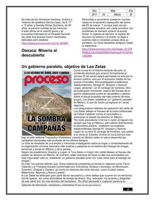 Año               Mes                Día
                                                                2011        03      Marzo            30
Se trata de las hermanas Vanessa, Susana y             Reducidas a escombros quedaron muchas
Yesenia de apellidos García López, de 9, 17            casas en el epicentro oaxaqueño del sismo
y 15 años, y Daniela Dimas Quintana, de 20             del 20 de marzo. Y aunque esta vez las
años, al parecer cuñada de las menores.                autoridades actuaron con cierta prontitud, los
A esta última se le reportó grave y se                 problemas de siempre viciaron la ayuda
encuentra internada en el Hospital General;            oficial: lo urgente se demora, el reparto de
las otras tres jóvenes fueron reportadas               recursos se politiza o el auxilio no llega a
delicadas pero estables.                               quienes más lo necesitan porque ellos ya
http://www.proceso.com.mx/?p=302865                    perdieron, en otros desastres antiguos, hasta
                                                       la esperanza.
                                                       http://www.proceso.com.mx/?page_id=278
Oaxaca: Miseria al                                     958&a51dc26366d99bb5fa29cea4747565fec
descubierto                                            =302896



Un gobierno paralelo, objetivo de Los Zetas
                                                 Como nunca en la historia reciente del país, la
                                                 contienda electoral que arrancó formalmente el
                                                 viernes 30 de marzo estará permeada no sólo por la
                                                 tensión política, sino por el activismo inédito de los
                                                 grupos criminales. Dos prestigiados académicos
                                                 estadunidenses, George W. Grayson y Samuel
                                                 Logan, advierten –en El verdugo de hombres, libro
                                                 de publicación inminente- acerca del fracaso de la
                                                 guerra calderonista contra el narcotráfico y alertan
                                                 sobre el actual propósito del más violento de esos
                                                 grupos, Los Zetas: establecer un “gobierno paralelo”
                                                 en México, lo que de hecho ya lograron en varias
                                                 regiones…
                                                 Los sanguinarios métodos de operación del cártel de
                                                 Los Zetas reflejan el fracaso de la lucha militarizada
                                                 de Felipe Calderón contra el narcotráfico y
                                                 amenazan al estado de derecho en México.
                                                 “No tiene precedente ni forma ni razón el reguero de
                                                 sangre que hay en México, pero afecta directamente
                                                 el panorama político”, sostienen los analistas
                                                 estadunidenses George W. Grayson y Samuel
                                                 Logan en su libro El verdugo de hombres, que saldrá
                                                 a la venta en Estados Unidos en los próximos días
bajo el sello editorial Transaction Publishers, cuando en México estén en pleno desarrollo las
campañas electorales más profusas de los últimos tiempos.
La obra es resultado de una amplia y minuciosa investigación sobre el origen y comportamiento de
la organización criminal mexicana más violenta y peligrosa en la historia del trasiego de drogas,
personas y armas en México y otros países.
Según los académicos Grayson y Logan, ni “Los Zetas ni ningún otro cártel desean el fracaso del
estado de derecho en México. Al contrario, están ansiosos de llevar a cabo sus actividades con
total impunidad; esto es, establecer un gobierno paralelo junto con rutas clave para el trasiego de
drogas”.
Es más: los autores afirman que “dicha soberanía compartida ya existe en regiones como Tierra
Caliente y el Triángulo Dorado (conformado por Chihuahua, Sinaloa y Durango), en Michoacán,
Guerrero, Chiapas y Oaxaca, así como en sectores del norte del país, como Ciudad Juárez,
Matamoros, Reynosa y Nuevo Laredo”.
A Los Zetas les atribuyen gran parte de los secuestros y otros delitos que ocurren en los territorios
donde operan, así como actividades de lavado de dinero. Hoy, subrayan, los sicarios y dirigentes
de ese cártel son los más temidos del hemisferio. “Es difícil persuadir a cualquier persona en
Selección de información, caricaturas y comentarios PEDRO GUADIANA GARCÍA
                                                                                                 3
 