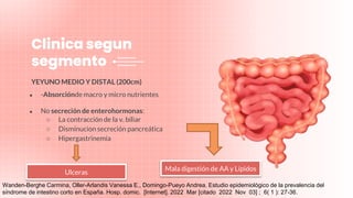 YEYUNO MEDIO Y DISTAL (200cm)
Clinica segun
segmento
● -Absorciónde macro y micro nutrientes
● No secreción de enterohormonas:
○ La contracción de la v. biliar
○ Disminucion secreción pancreática
○ Hipergastrinemia
Mala digestión de AA y Lípidos
Wanden-Berghe Carmina, Oller-Arlandis Vanessa E., Domingo-Pueyo Andrea. Estudio epidemiológico de la prevalencia del
síndrome de intestino corto en España. Hosp. domic. [Internet]. 2022 Mar [citado 2022 Nov 03] ; 6( 1 ): 27-36.
Ulceras
 
