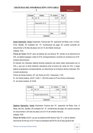 [SISTEMAS DE INFORMACIÓN CONTABLE
                 1                                                                        Modulo I

                     Cantidad               Detalle           Pr. Unitario      Total
                            30    Art. “A”                             10,37    311,10


                                  Descuentos 10 %                               (31,11)




                                                              Total             279,99
                                                  Duplicado



Sexta Operación, Venta: Duplicado, Factura tipo “B”, operación de Resp. Insc. A Cons.
Final. Detalle: 20 unidades Art. “A”. Condiciones de pago: En cuenta corriente sin
documentar a 30 días de plazo con el 3 % de interés mensual.
Utilidad: 70%
Precio de Venta: $ 8,57, pero al tratarse de una factura “B”, donde no se discrimina el
IVA, se deberá agregar a éste el 21% correspondiente e incluirlo en la factura en el Pr.
Unitario del producto.
Al calcular los intereses deberá tenerse presente que estos están alcanzados por el
IVA y, que por lo tanto deberán calcularse junto al precio de venta sin IVA, y luego
aplicar el grabamen correspondiente, sin discriminar en la factura dichos intereses. Por
lo tanto tendremos:
Precio de Venta Unitario: (Pr. de Venta sin IVA + Intereses) + IVA
Pr. de Venta Unitario: (8,57+ 0,26) + 1,85 (IVA sobre el Pr de Venta e Intereses)
Pr. de Venta Unitario: $ 10,68


                    Cantidad                Detalle             Pr. Unitario     Total
                          20     Art. “A”                               10,68    213,60


                                 Incluye Interés del 3%
                                                               Total             213,60
                                                  Duplicado



Séptima Operación, Venta: Duplicado, Factura tipo “A”, operación de Resp. Insc. A
Resp. No Insc. Detalle: 20 unidades Art. “A”. Condiciones de pago: En cuenta corriente
sin documentar a 30 días de plazo con el 3 % de interés mensual.
Utilidad: 70%
Precio de Venta: $ 8,57, ya que se deberá emitir factura Tipo “A”, y allí se deberá
discriminar el IVA por el 21 5 mas la sobretasa del 50 5% de la tasa general del

                                                                                                      -
Profesor Luis Enrique Pacheco Rocha 
                                                                                                     116
 