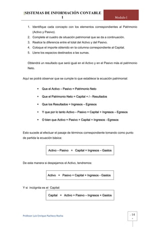 [SISTEMAS DE INFORMACIÓN CONTABLE
                 1                                                     Modulo I

    1. Identifique cada concepto con los elementos correspondientes al Patrimonio
        (Activo y Pasivo).
    2. Complete el cuadro de situación patrimonial que se da a continuación.
    3. Realice la diferencia entre el total del Activo y del Pasivo.
    4. Coloque el importe obtenido en la columna correspondiente al Capital.
    5. Llene los espacios destinados a las sumas.


    Obtendrá un resultado que será igual en el Activo y en el Pasivo más el patrimonio
    Neto.


Aquí se podrá observar que se cumple lo que establece la ecuación patrimonial:


                Que el Activo – Pasivo = Patrimonio Neto

                Que el Patrimonio Neto = Capital + / - Resultados

                Que los Resultados = Ingresos – Egresos

                Y que por lo tanto Activo – Pasivo = Capital + Ingresos – Egresos

                O bien que Activo = Pasivo + Capital + Ingresos - Egresos



Esto sucede al efectuar el pasaje de términos correspondiente tomando como punto
de partida la ecuación básica:



                      Activo – Pasivo = Capital + Ingresos – Gastos



De esta manera si despejamos el Activo, tendremos:



                     Activo = Pasivo + Capital + Ingresos - Gastos



Y si incógnita es el Capital:

                      Capital = Activo + Pasivo – Ingresos + Gastos




Profesor Luis Enrique Pacheco Rocha                                                 -   14
                                                                                        -
 