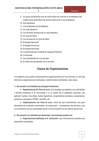 [SISTEMAS DE INFORMACIÓN CONTABLE
                 1                                                     Modulo I

        9. Un grupo de alumnos que se reúne todos los viernes en la biblioteca del
            colegio para profundizar los temas vistos junto a sus profesores
        10. Una biblioteca
        11. Los empleados de la biblioteca
        12. Un club deportivo
        13. La Comisión Directiva de un club deportivo
        14. Un club de fútbol
        15. Los hinchas de un club de fútbol
        16. El Estado Nacional
        17. El Estado Provincial
        18. El Estado Municipal
        19. La Administración Federal de Ingresos Públicos
        20. La Escuela
        21. Los estudiantes de una escuela
        22. El centro de estudiantes de la escuela



                                Clases de Organizaciones

Los objetivos que pueden proponerse las organizaciones son muy diversos, es así que
tendremos organizaciones dedicadas a determinadas actividades, sean estas:


1.- De acuerdo a la finalidad que persiguen tendremos:
        a.- Organizaciones sin fines de lucro, son aquellas que dedican sus actividades
a brindar beneficios a la comunidad o a un sector de la población particular, por
ejemplo: Caritas, Cruz Roja, clubes deportivos, cooperadoras escolares, cooperativas,
bomberos voluntarios, APADI, LALCEC, etc.
        b.- Organizaciones con fines de lucro, entre las que encontramos una gran
diversidad de empresas comerciales, de producción y prestadoras de servicios, que
con el producto de sus actividades tienen como principal fin el de obtener ganancias.


2.- De acuerdo a la actividad que desarrollan, las empresas pueden ser:
        a.- Organizaciones dedicadas a la producción: aquí encontramos aquellas que
desarrollan actividades:




Profesor Luis Enrique Pacheco Rocha                                               -   3-
 