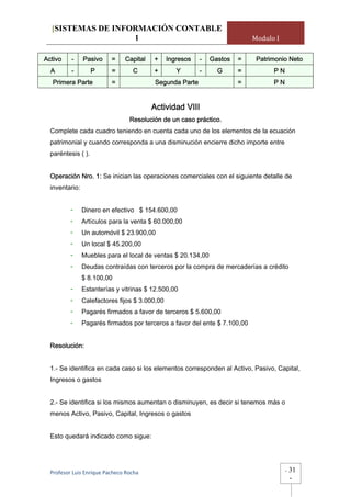 [SISTEMAS DE INFORMACIÓN CONTABLE
                   1                                                        Modulo I

Activo    -     Pasivo    =     Capital   +     Ingresos   -   Gastos   =    Patrimonio Neto
  A       -         P     =        C      +        Y       -     G      =         PN
   Primera Parte          =                Segunda Parte                =         PN


                                          Actividad VIII
                                 Resolución de un caso práctico.
  Complete cada cuadro teniendo en cuenta cada uno de los elementos de la ecuación
  patrimonial y cuando corresponda a una disminución encierre dicho importe entre
  paréntesis ( ).


  Operación Nro. 1: Se inician las operaciones comerciales con el siguiente detalle de
  inventario:


          -     Dinero en efectivo $ 154.600,00
          -     Artículos para la venta $ 60.000,00
          -     Un automóvil $ 23.900,00
          -     Un local $ 45.200,00
          -     Muebles para el local de ventas $ 20.134,00
          -     Deudas contraídas con terceros por la compra de mercaderías a crédito
                $ 8.100,00
          -     Estanterías y vitrinas $ 12.500,00
          -     Calefactores fijos $ 3.000,00
          -     Pagarés firmados a favor de terceros $ 5.600,00
          -     Pagarés firmados por terceros a favor del ente $ 7.100,00


  Resolución:


  1.- Se identifica en cada caso si los elementos corresponden al Activo, Pasivo, Capital,
  Ingresos o gastos


  2.- Se identifica si los mismos aumentan o disminuyen, es decir si tenemos más o
  menos Activo, Pasivo, Capital, Ingresos o gastos


  Esto quedará indicado como sigue:




  Profesor Luis Enrique Pacheco Rocha                                                  -   31
                                                                                           -
 
