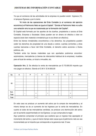[SISTEMAS DE INFORMACIÓN CONTABLE
                         1                                                        Modulo I

        Ya que al comienzo de las actividades de la empresa no pueden existir Ingresos (Y),
        ni tampoco Egresos y por lo tanto:
                “Al inicio de las operaciones del Ente Contable (o al comienzo del ejercicio
        económico) el Patrimonio Neto es Igual al Capital”. “Donde el Patrimonio Neto no sufre
        una variación sino la que es ocasionada por la formación del Capital”.
        El Capital está formado por los aportes de los dueños, propietarios o socios al Ente
        Contable, Empresa o Sociedad. Estos pueden ser en dinero en efectivo o bien en
        especie (todo bien material e inmaterial que no es dinero en efectivo).
        Entre los bienes inmateriales encontramos a los derechos, los propietarios pueden
        ceder los derechos de propiedad de una deuda a cobrar, cuentas corrientes y otras
        cuentas bancarias a favor del Ente Contable, el derecho sobre acciones o títulos
        públicos, etc.
        También entre los bienes materiales que son aportados podremos encontrar:
        automotores, mercaderías (o bienes de intercambio habitual de la empresa), muebles
        para el local de ventas, un local o inmueble, etc.


        Operación Nro. 2: Se efectúa la venta de mercaderías por $ 70.000,00 importe que
        nos pagan en efectivo. Siendo el C.M.V: $ 34.600,00


Op.            A         -     P        =      C    +        Y     -     G         =             PN




 02




Sub.
                         -              =           +              -               =
Total
Total                                   =                                          =



        En este caso se produce un aumento del activo por la compra de mercaderías y al
        mismo tiempo se da un aumento de los Ingresos por la venta de mercaderías. En
        cuanto al costo de las mercaderías vendidas, se produce una disminución del activo
        por el aumento experimentado en los Egresos. Lo que comprueba la regla:
        Aquí podemos comprobar el principio que sostiene que un ingreso trae aparejado el
        incremento del activo, y que al mismo tiempo esto causa que el patrimonio neto se vea
        incrementado por el importe que corresponde a la ganancia real. O sea:


        Profesor Luis Enrique Pacheco Rocha                                                  -   33
                                                                                                 -
 