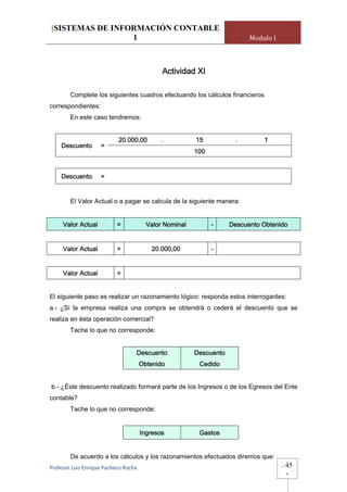 [SISTEMAS DE INFORMACIÓN CONTABLE
                 1                                                         Modulo I



                                              Actividad XI

        Complete los siguientes cuadros efectuando los cálculos financieros
correspondientes:
        En este caso tendremos:


                            20.000,00         .          15            .       1
    Descuento       =
                                                         100


    Descuento       =


        El Valor Actual o a pagar se calcula de la siguiente manera:


     Valor Actual          =             Valor Nominal         -     Descuento Obtenido


     Valor Actual          =              20.000,00            -


     Valor Actual          =


El siguiente paso es realizar un razonamiento lógico: responda estos interrogantes:
a.- ¿Si la empresa realiza una compra se obtendrá o cederá el descuento que se
realiza en ésta operación comercial?
        Tache lo que no corresponde:


                                   Descuento             Descuento
                                       Obtenido           Cedido


b.- ¿Éste descuento realizado formará parte de los Ingresos o de los Egresos del Ente
contable?
        Tache lo que no corresponde:


                                       Ingresos           Gastos


        De acuerdo a los cálculos y los razonamientos efectuados diremos que:
Profesor Luis Enrique Pacheco Rocha                                                   -   45
                                                                                          -
 