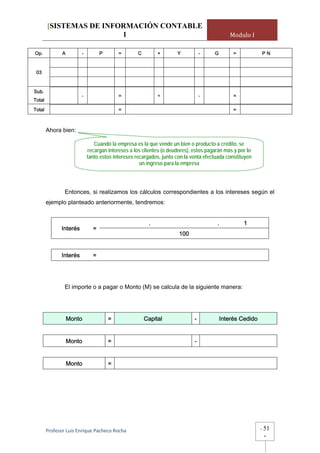 [SISTEMAS DE INFORMACIÓN CONTABLE
                         1                                                                   Modulo I

Op.            A         -         P       =        C        +       Y           -    G        =               PN


 03


Sub.
                         -                 =                 +                   -             =
Total

Total                                      =                                                   =



        Ahora bien:

                                Cuando la empresa es la que vende un bien o producto a crédito, se
                             recargan intereses a los clientes (o deudores), estos pagarán más y por lo
                             tanto estos intereses recargados, junto con la venta efectuada constituyen
                                                     un ingreso para la empresa




                Entonces, si realizamos los cálculos correspondientes a los intereses según el
        ejemplo planteado anteriormente, tendremos:


                                                         .                             .           1
               Interés         =
                                                                      100


               Interés         =




                El importe o a pagar o Monto (M) se calcula de la siguiente manera:




                   Monto               =                Capital              -            Interés Cedido


                   Monto               =                                     -


                   Monto               =




        Profesor Luis Enrique Pacheco Rocha                                                                -   51
                                                                                                               -
 