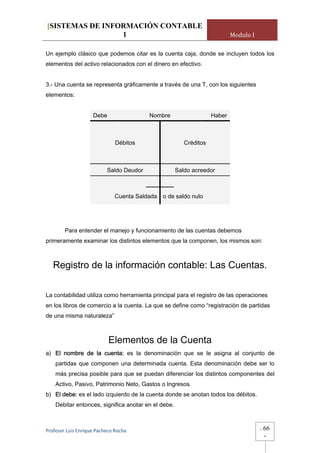 [SISTEMAS DE INFORMACIÓN CONTABLE
                 1                                                         Modulo I

Un ejemplo clásico que podemos citar es la cuenta caja, donde se incluyen todos los
elementos del activo relacionados con el dinero en efectivo.


3.- Una cuenta se representa gráficamente a través de una T, con los siguientes
elementos:


                    Debe                 Nombre                    Haber



                              Débitos                   Créditos



                          Saldo Deudor               Saldo acreedor



                              Cuenta Saldada o de saldo nulo




        Para entender el manejo y funcionamiento de las cuentas debemos
primeramente examinar los distintos elementos que la componen, los mismos son:



   Registro de la información contable: Las Cuentas.

La contabilidad utiliza como herramienta principal para el registro de las operaciones
en los libros de comercio a la cuenta. La que se define como “registración de partidas
de una misma naturaleza”



                           Elementos de la Cuenta
a) El nombre de la cuenta: es la denominación que se le asigna al conjunto de
    partidas que componen una determinada cuenta. Esta denominación debe ser lo
    más precisa posible para que se puedan diferenciar los distintos componentes del
    Activo, Pasivo, Patrimonio Neto, Gastos o Ingresos.
b) El debe: es el lado izquierdo de la cuenta donde se anotan todos los débitos.
    Debitar entonces, significa anotar en el debe.



Profesor Luis Enrique Pacheco Rocha                                                   -   66
                                                                                          -
 