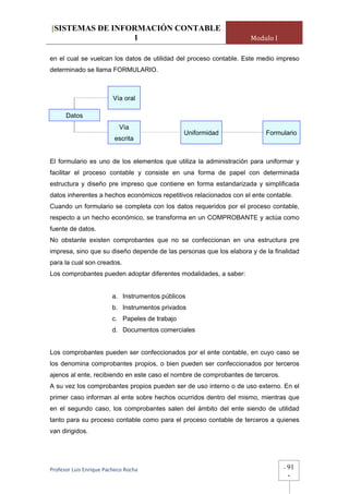 [SISTEMAS DE INFORMACIÓN CONTABLE
                 1                                                  Modulo I

en el cual se vuelcan los datos de utilidad del proceso contable. Este medio impreso
determinado se llama FORMULARIO.



                         Vía oral

      Datos
                            Vía
                                                 Uniformidad             Formulario
                          escrita


El formulario es uno de los elementos que utiliza la administración para uniformar y
facilitar el proceso contable y consiste en una forma de papel con determinada
estructura y diseño pre impreso que contiene en forma estandarizada y simplificada
datos inherentes a hechos económicos repetitivos relacionados con el ente contable.
Cuando un formulario se completa con los datos requeridos por el proceso contable,
respecto a un hecho económico, se transforma en un COMPROBANTE y actúa como
fuente de datos.
No obstante existen comprobantes que no se confeccionan en una estructura pre
impresa, sino que su diseño depende de las personas que los elabora y de la finalidad
para la cual son creados.
Los comprobantes pueden adoptar diferentes modalidades, a saber:


                         a. Instrumentos públicos
                         b. Instrumentos privados
                         c. Papeles de trabajo
                         d. Documentos comerciales


Los comprobantes pueden ser confeccionados por el ente contable, en cuyo caso se
los denomina comprobantes propios, o bien pueden ser confeccionados por terceros
ajenos al ente, recibiendo en este caso el nombre de comprobantes de terceros.
A su vez los comprobantes propios pueden ser de uso interno o de uso externo. En el
primer caso informan al ente sobre hechos ocurridos dentro del mismo, mientras que
en el segundo caso, los comprobantes salen del ámbito del ente siendo de utilidad
tanto para su proceso contable como para el proceso contable de terceros a quienes
van dirigidos.




Profesor Luis Enrique Pacheco Rocha                                              -   91
                                                                                     -
 