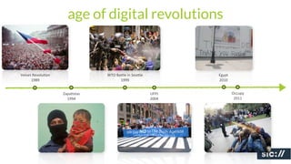 age of digital revolutions


Velvet	
  RevoluIon               WTO	
  BaPle	
  in	
  SeaPle          Egypt
      1989                                 1999                         2010


                      ZapaIstas                                  UFPJ           Occupy
                        1994                                     2004            2011
 