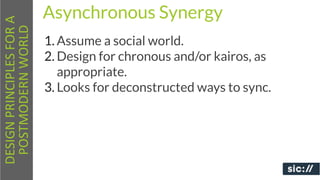 DESIGN	
  PRINCIPLES	
  FOR	
  A	
     Asynchronous Synergy
 POSTMODERN	
  WORLD
                                       1. Assume a social world.
                                       2. Design for chronous and/or kairos, as
                                          appropriate.
                                       3. Looks for deconstructed ways to sync.
 