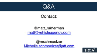 Q&A
Contact:


@matt_ramerman
matt@vehicleagency.com

@mschmoelzer
Michelle.schmoelzer@att.com



 