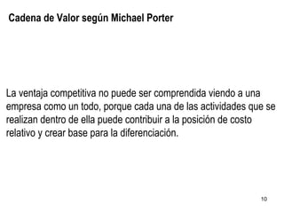 Cadena de Valor según Michael Porter La ventaja competitiva no puede ser comprendida viendo a una empresa como un todo, porque cada una de las actividades que se realizan dentro de ella puede contribuir a la posición de costo relativo y crear base para la diferenciación.  