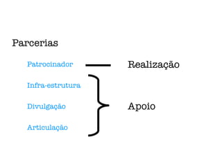 Parcerias Infra-estrutura Divulgação Articulação Patrocinador Apoio Realização 