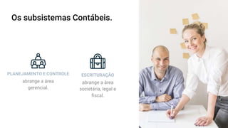 abrange a área
gerencial.
abrange a área
societária, legal e
fiscal.
PLANEJAMENTO E CONTROLE ESCRITURAÇÃO
Os subsistemas Contábeis.
 