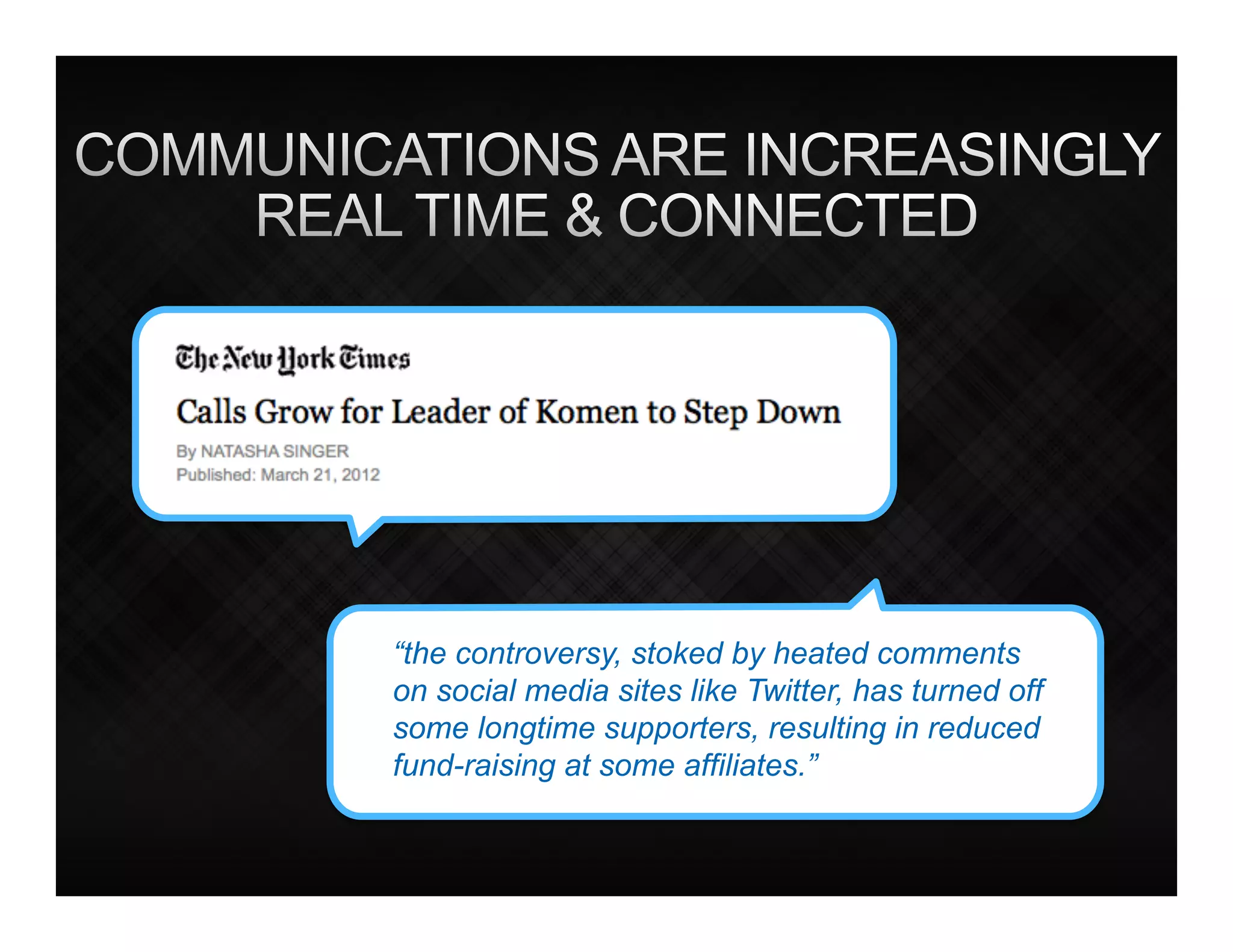 “the controversy, stoked by heated comments
on social media sites like Twitter, has turned off
some longtime supporters, resulting in reduced
fund-raising at some affiliates.”
 