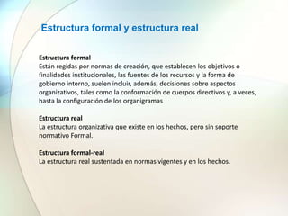 Estructura formal y estructura real
Estructura formal
Están regidas por normas de creación, que establecen los objetivos o
finalidades institucionales, las fuentes de los recursos y la forma de
gobierno interno, suelen incluir, además, decisiones sobre aspectos
organizativos, tales como la conformación de cuerpos directivos y, a veces,
hasta la configuración de los organigramas
Estructura real
La estructura organizativa que existe en los hechos, pero sin soporte
normativo Formal.
Estructura formal-real
La estructura real sustentada en normas vigentes y en los hechos.
 