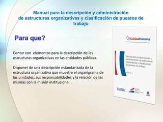 Manual para la descripción y administración
de estructuras organizativas y clasificación de puestos de
trabajo
Contar con elementos para la descripción de las
estructuras organizativas en las entidades públicas.
Disponer de una descripción estandarizada de la
estructura organizativa que muestre el organigrama de
las unidades, sus responsabilidades y la relación de las
mismas con la misión institucional.
 
