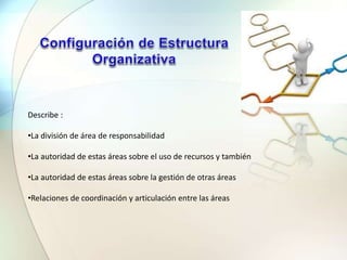 Describe :
•La división de área de responsabilidad
•La autoridad de estas áreas sobre el uso de recursos y también
•La autoridad de estas áreas sobre la gestión de otras áreas
•Relaciones de coordinación y articulación entre las áreas
 