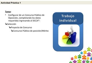19
Tarea:
• Configurar de un Concurso Público de
Oposición, completando los datos
requeridos ingresando al SICCA*:
Selección
Proyecto de Concurso
Concurso Público de posición/Mérito
Actividad Práctica 1
 
