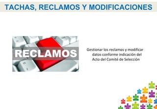 30
Actividad Práctica 4
TACHAS, RECLAMOS Y MODIFICACIONES
Gestionar los reclamos y modificar
datos conforme indicación del
Acto del Comité de Selección
 