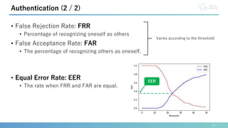 • False Rejection Rate: FRR
• Percentage of recognizing oneself as others
• False Acceptance Rate: FAR
• The percentage of recognizing others as oneself.
• Equal Error Rate: EER
• The rate when FRR and FAR are equal.
13
Authentication (2 / 2)
EER
Varies according to the threshold
 