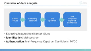 • Extracting features from sensor values
• Identification: Mel spectrum
• Authentication: Mel-Frequency Cepstrum Coefficients: MFCC
16
Overview of data analysis
Sensor
values
Frequency
spectrum
Mel
spectrum
Mel
Frequency
Cepstrum
Coefficients
 