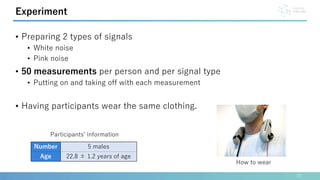 • Preparing 2 types of signals
• White noise
• Pink noise
• 50 measurements per person and per signal type
• Putting on and taking off with each measurement
• Having participants wear the same clothing.
22
Experiment
Participants’ information
Number 5 males
Age 22.8 ± 1.2 years of age
How to wear
 