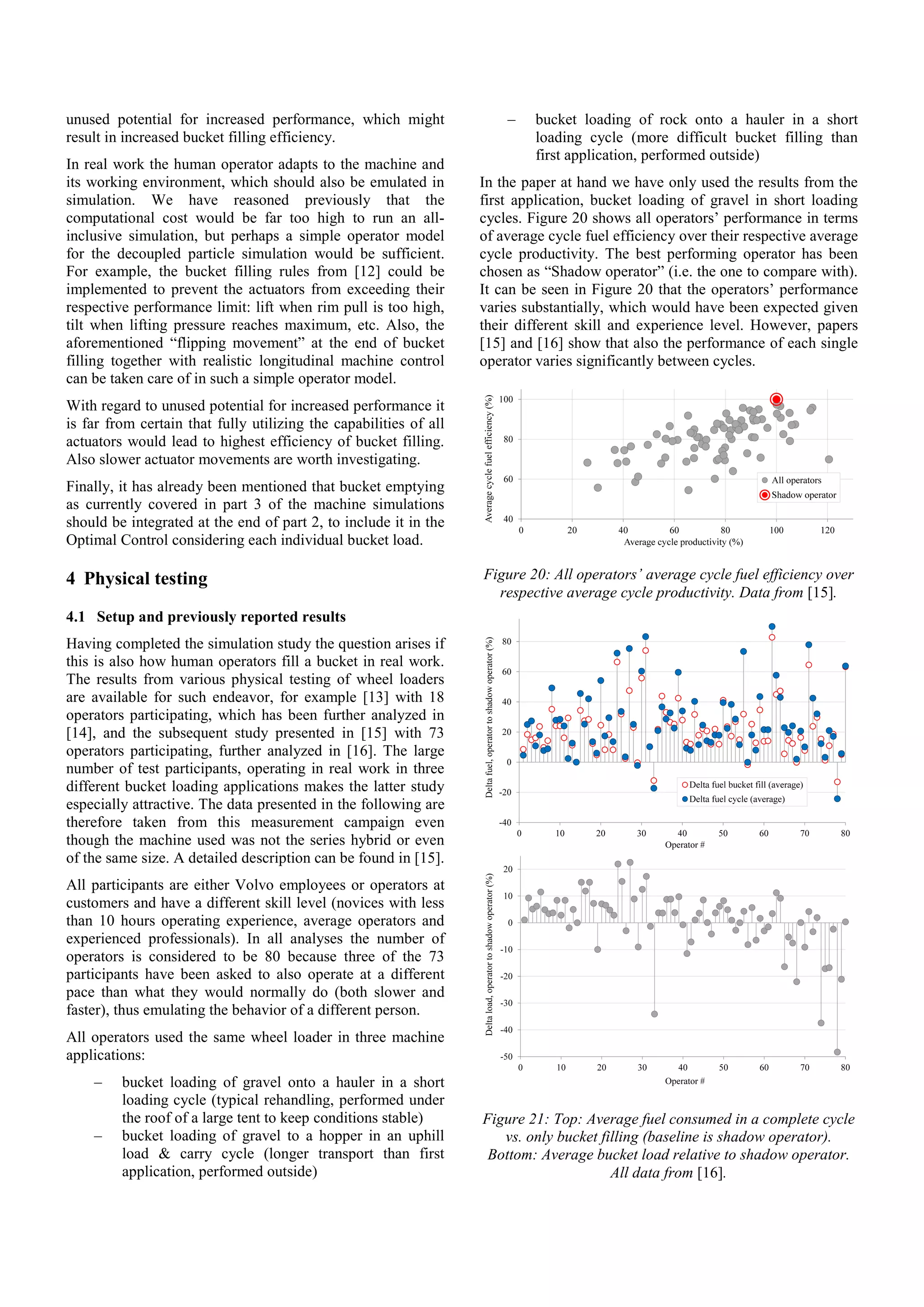 unused potential for increased performance, which might
result in increased bucket filling efficiency.
In real work the human operator adapts to the machine and
its working environment, which should also be emulated in
simulation. We have reasoned previously that the
computational cost would be far too high to run an all-
inclusive simulation, but perhaps a simple operator model
for the decoupled particle simulation would be sufficient.
For example, the bucket filling rules from [12] could be
implemented to prevent the actuators from exceeding their
respective performance limit: lift when rim pull is too high,
tilt when lifting pressure reaches maximum, etc. Also, the
aforementioned “flipping movement” at the end of bucket
filling together with realistic longitudinal machine control
can be taken care of in such a simple operator model.
With regard to unused potential for increased performance it
is far from certain that fully utilizing the capabilities of all
actuators would lead to highest efficiency of bucket filling.
Also slower actuator movements are worth investigating.
Finally, it has already been mentioned that bucket emptying
as currently covered in part 3 of the machine simulations
should be integrated at the end of part 2, to include it in the
Optimal Control considering each individual bucket load.
4 Physical testing
4.1 Setup and previously reported results
Having completed the simulation study the question arises if
this is also how human operators fill a bucket in real work.
The results from various physical testing of wheel loaders
are available for such endeavor, for example [13] with 18
operators participating, which has been further analyzed in
[14], and the subsequent study presented in [15] with 73
operators participating, further analyzed in [16]. The large
number of test participants, operating in real work in three
different bucket loading applications makes the latter study
especially attractive. The data presented in the following are
therefore taken from this measurement campaign even
though the machine used was not the series hybrid or even
of the same size. A detailed description can be found in [15].
All participants are either Volvo employees or operators at
customers and have a different skill level (novices with less
than 10 hours operating experience, average operators and
experienced professionals). In all analyses the number of
operators is considered to be 80 because three of the 73
participants have been asked to also operate at a different
pace than what they would normally do (both slower and
faster), thus emulating the behavior of a different person.
All operators used the same wheel loader in three machine
applications:
‒ bucket loading of gravel onto a hauler in a short
loading cycle (typical rehandling, performed under
the roof of a large tent to keep conditions stable)
‒ bucket loading of gravel to a hopper in an uphill
load & carry cycle (longer transport than first
application, performed outside)
‒ bucket loading of rock onto a hauler in a short
loading cycle (more difficult bucket filling than
first application, performed outside)
In the paper at hand we have only used the results from the
first application, bucket loading of gravel in short loading
cycles. Figure 20 shows all operators’ performance in terms
of average cycle fuel efficiency over their respective average
cycle productivity. The best performing operator has been
chosen as “Shadow operator” (i.e. the one to compare with).
It can be seen in Figure 20 that the operators’ performance
varies substantially, which would have been expected given
their different skill and experience level. However, papers
[15] and [16] show that also the performance of each single
operator varies significantly between cycles.
Figure 20: All operators’ average cycle fuel efficiency over
respective average cycle productivity. Data from [15].
Figure 21: Top: Average fuel consumed in a complete cycle
vs. only bucket filling (baseline is shadow operator).
Bottom: Average bucket load relative to shadow operator.
All data from [16].
 