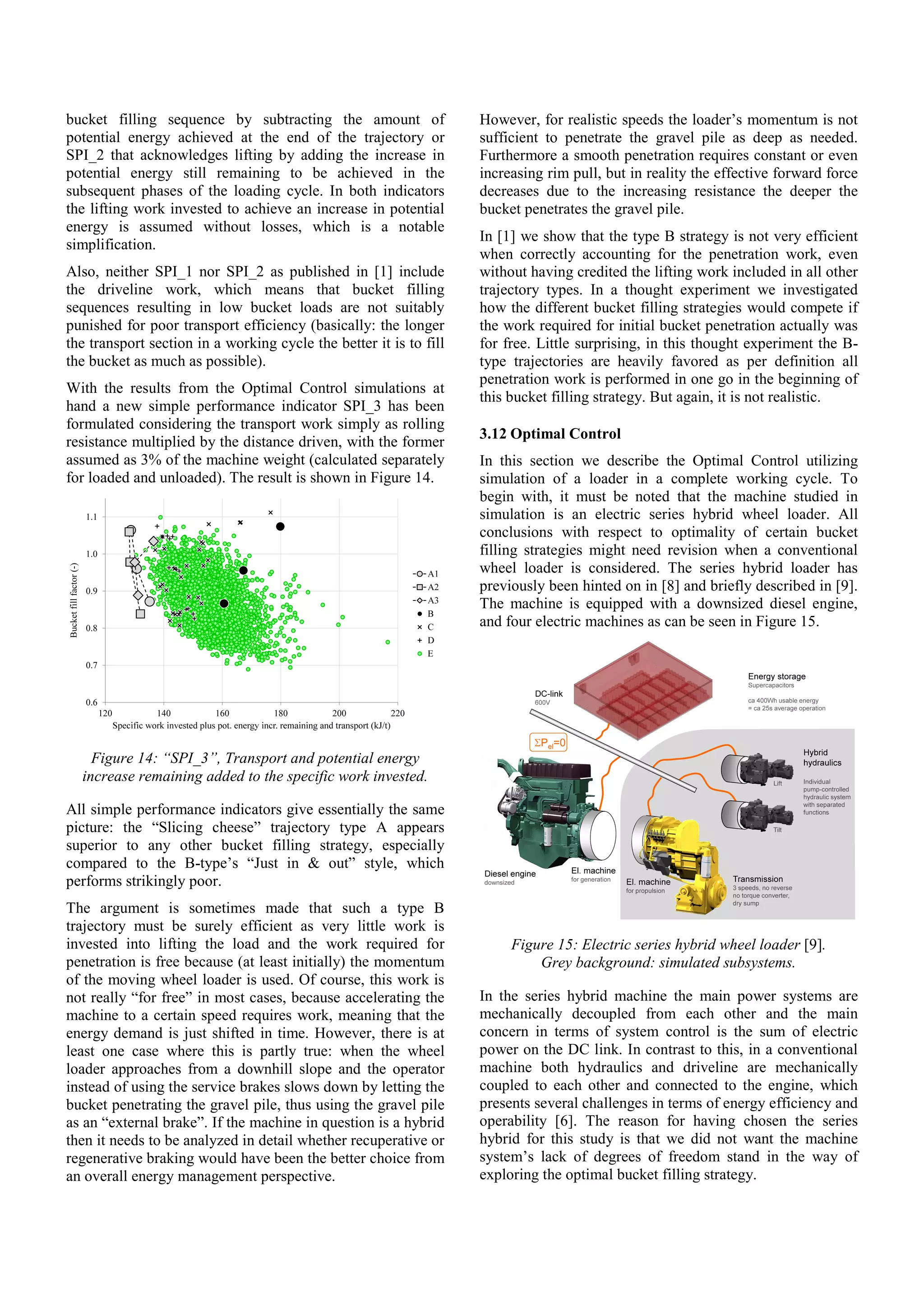 bucket filling sequence by subtracting the amount of
potential energy achieved at the end of the trajectory or
SPI_2 that acknowledges lifting by adding the increase in
potential energy still remaining to be achieved in the
subsequent phases of the loading cycle. In both indicators
the lifting work invested to achieve an increase in potential
energy is assumed without losses, which is a notable
simplification.
Also, neither SPI_1 nor SPI_2 as published in [1] include
the driveline work, which means that bucket filling
sequences resulting in low bucket loads are not suitably
punished for poor transport efficiency (basically: the longer
the transport section in a working cycle the better it is to fill
the bucket as much as possible).
With the results from the Optimal Control simulations at
hand a new simple performance indicator SPI_3 has been
formulated considering the transport work simply as rolling
resistance multiplied by the distance driven, with the former
assumed as 3% of the machine weight (calculated separately
for loaded and unloaded). The result is shown in Figure 14.
Figure 14: “SPI_3”, Transport and potential energy
increase remaining added to the specific work invested.
All simple performance indicators give essentially the same
picture: the “Slicing cheese” trajectory type A appears
superior to any other bucket filling strategy, especially
compared to the B-type’s “Just in & out” style, which
performs strikingly poor.
The argument is sometimes made that such a type B
trajectory must be surely efficient as very little work is
invested into lifting the load and the work required for
penetration is free because (at least initially) the momentum
of the moving wheel loader is used. Of course, this work is
not really “for free” in most cases, because accelerating the
machine to a certain speed requires work, meaning that the
energy demand is just shifted in time. However, there is at
least one case where this is partly true: when the wheel
loader approaches from a downhill slope and the operator
instead of using the service brakes slows down by letting the
bucket penetrating the gravel pile, thus using the gravel pile
as an “external brake”. If the machine in question is a hybrid
then it needs to be analyzed in detail whether recuperative or
regenerative braking would have been the better choice from
an overall energy management perspective.
However, for realistic speeds the loader’s momentum is not
sufficient to penetrate the gravel pile as deep as needed.
Furthermore a smooth penetration requires constant or even
increasing rim pull, but in reality the effective forward force
decreases due to the increasing resistance the deeper the
bucket penetrates the gravel pile.
In [1] we show that the type B strategy is not very efficient
when correctly accounting for the penetration work, even
without having credited the lifting work included in all other
trajectory types. In a thought experiment we investigated
how the different bucket filling strategies would compete if
the work required for initial bucket penetration actually was
for free. Little surprising, in this thought experiment the B-
type trajectories are heavily favored as per definition all
penetration work is performed in one go in the beginning of
this bucket filling strategy. But again, it is not realistic.
3.12 Optimal Control
In this section we describe the Optimal Control utilizing
simulation of a loader in a complete working cycle. To
begin with, it must be noted that the machine studied in
simulation is an electric series hybrid wheel loader. All
conclusions with respect to optimality of certain bucket
filling strategies might need revision when a conventional
wheel loader is considered. The series hybrid loader has
previously been hinted on in [8] and briefly described in [9].
The machine is equipped with a downsized diesel engine,
and four electric machines as can be seen in Figure 15.
Figure 15: Electric series hybrid wheel loader [9].
Grey background: simulated subsystems.
In the series hybrid machine the main power systems are
mechanically decoupled from each other and the main
concern in terms of system control is the sum of electric
power on the DC link. In contrast to this, in a conventional
machine both hydraulics and driveline are mechanically
coupled to each other and connected to the engine, which
presents several challenges in terms of energy efficiency and
operability [6]. The reason for having chosen the series
hybrid for this study is that we did not want the machine
system’s lack of degrees of freedom stand in the way of
exploring the optimal bucket filling strategy.
 