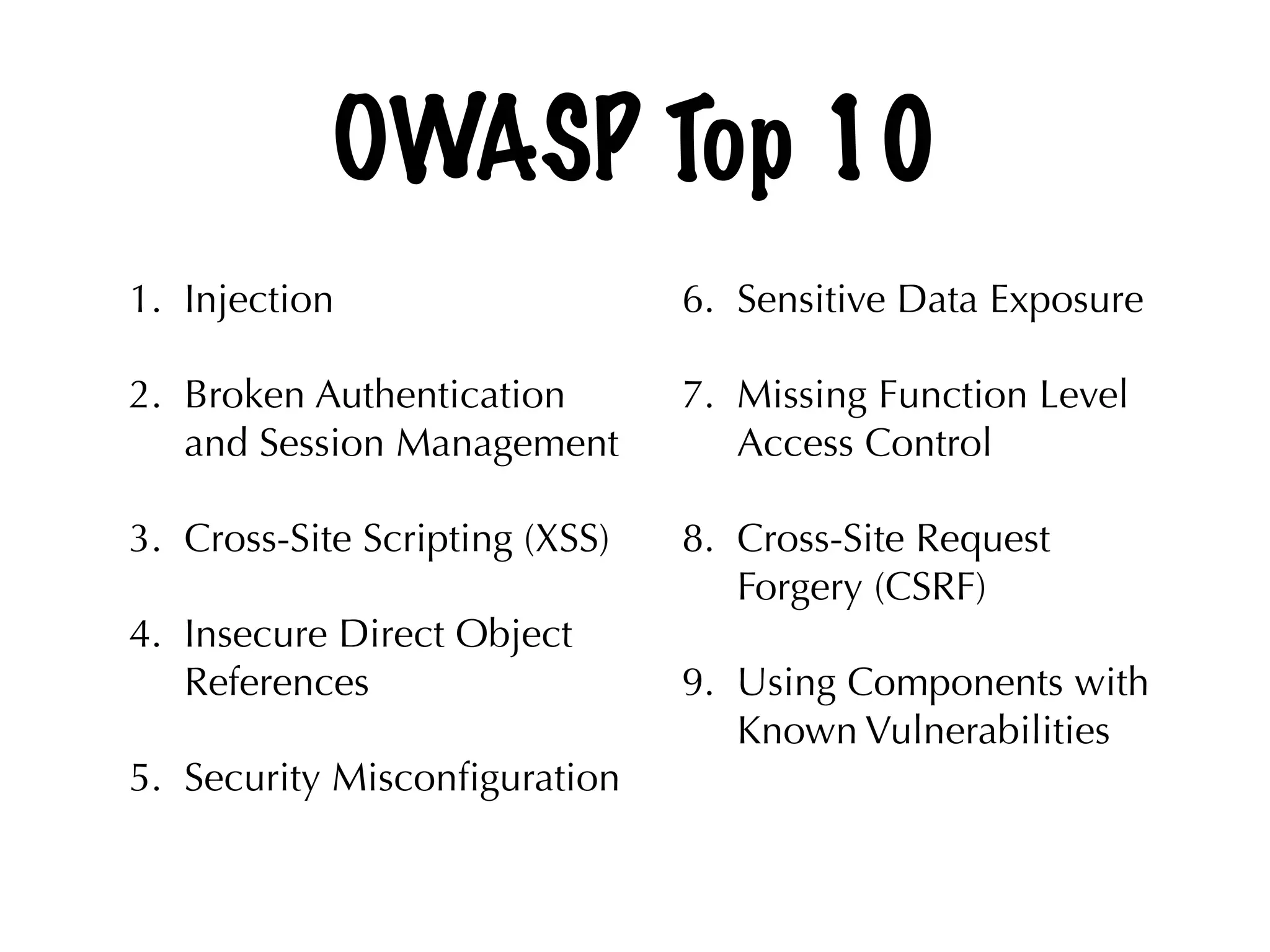 OWASP Top 10
1. Injection
2. Broken Authentication
and Session Management
3. Cross-Site Scripting (XSS)
4. Insecure Direct Object
References
5. Security Misconﬁguration 
6. Sensitive Data Exposure
7. Missing Function Level
Access Control
8. Cross-Site Request
Forgery (CSRF)
9. Using Components with
Known Vulnerabilities
 