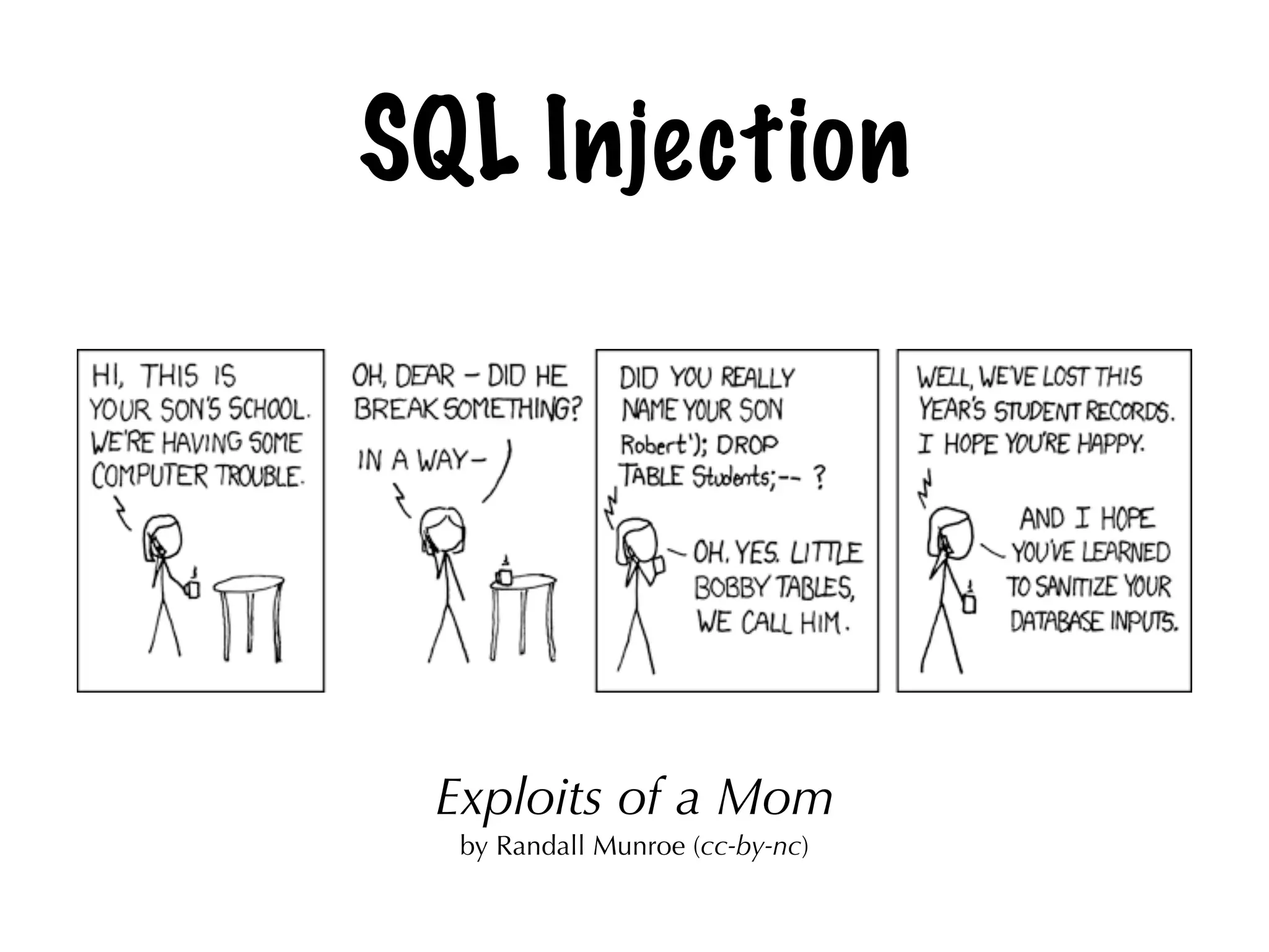 SQL Injection
Exploits of a Mom
by Randall Munroe (cc-by-nc)
 