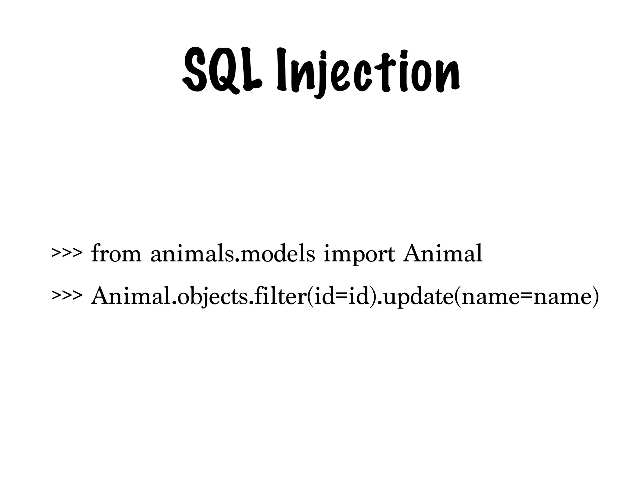 SQL Injection
>>> from animals.models import Animal
>>> Animal.objects.filter(id=id).update(name=name)
 