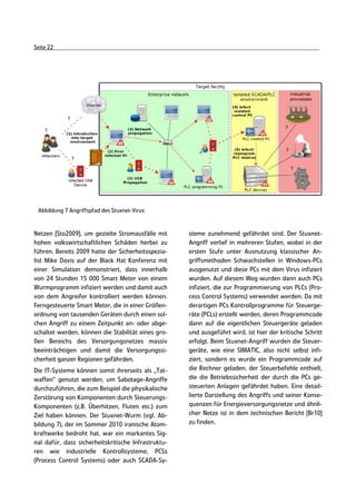 Seite 22




 Abbildung 7 Angriffspfad des Stuxnet-Virus


Netzen [Sto2009], um gezielte Stromausfälle mit      steme zunehmend gefährdet sind. Der Stuxnet-
hohen volkswirtschaftlichen Schäden herbei zu        Angriff verlief in mehreren Stufen, wobei in der
führen. Bereits 2009 hatte der Sicherheitsspezia-    ersten Stufe unter Ausnutzung klassischer An-
list Mike Davis auf der Black Hat Konferenz mit      griffsmethoden Schwachstellen in Windows-PCs
einer Simulation demonstriert, dass innerhalb        ausgenutzt und diese PCs mit dem Virus infiziert
von 24 Stunden 15 000 Smart Meter von einem          wurden. Auf diesem Weg wurden dann auch PCs
Wurmprogramm infiziert werden und damit auch         infiziert, die zur Programmierung von PLCs (Pro-
von dem Angreifer kontrolliert werden können.        cess Control Systems) verwendet werden. Da mit
Ferngesteuerte Smart Meter, die in einer Größen-     derartigen PCs Kontrollprogramme für Steuerge-
ordnung von tausenden Geräten durch einen sol-       räte (PCLs) erstellt werden, deren Programmcode
chen Angriff zu einem Zeitpunkt an- oder abge-       dann auf die eigentlichen Steuergeräte geladen
schaltet werden, können die Stabilität eines gro-    und ausgeführt wird, ist hier der kritische Schritt
ßen Bereichs des Versorgungsnetzes massiv            erfolgt. Beim Stuxnet-Angriff wurden die Steuer-
beeinträchtigen und damit die Versorgungssi-         geräte, wie eine SIMATIC, also nicht selbst infi-
cherheit ganzer Regionen gefährden.                  ziert, sondern es wurde ein Programmcode auf
Die IT-Systeme können somit ihrerseits als „Tat-     die Rechner geladen, der Steuerbefehle enthielt,
waffen“ genutzt werden, um Sabotage-Angriffe         die die Betriebssicherheit der durch die PCs ge-
durchzuführen, die zum Beispiel die physikalische    steuerten Anlagen gefährdet haben. Eine detail-
Zerstörung von Komponenten durch Steuerungs-         lierte Darstellung des Angriffs und seiner Konse-
Komponenten (z.B. Überhitzen, Fluten etc.) zum       quenzen für Energieversorgungsnetze und ähnli-
Ziel haben können. Der Stuxnet-Wurm (vgl. Ab-        cher Netze ist in dem technischen Bericht [Br10]
bildung 7), der im Sommer 2010 iranische Atom-       zu finden.
kraftwerke bedroht hat, war ein markantes Sig-
nal dafür, dass sicherheitskritische Infrastruktu-
ren wie industrielle Kontrollsysteme, PCSs
(Process Control Systems) oder auch SCADA-Sy-
 
