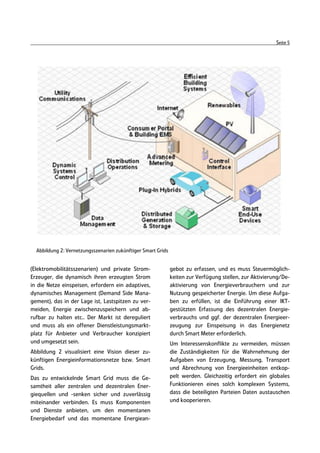 Seite 5




  Abbildung 2: Vernetzungsszenarien zukünftiger Smart Grids


(Elektromobilitätsszenarien) und private Strom-               gebot zu erfassen, und es muss Steuermöglich-
Erzeuger, die dynamisch ihren erzeugten Strom                 keiten zur Verfügung stellen, zur Aktivierung/De-
in die Netze einspeisen, erfordern ein adaptives,             aktivierung von Energieverbrauchern und zur
dynamisches Management (Demand Side Mana-                     Nutzung gespeicherter Energie. Um diese Aufga-
gement), das in der Lage ist, Lastspitzen zu ver-             ben zu erfüllen, ist die Einführung einer IKT-
meiden, Energie zwischenzuspeichern und ab-                   gestützten Erfassung des dezentralen Energie-
rufbar zu halten etc.. Der Markt ist dereguliert              verbrauchs und ggf. der dezentralen Energieer-
und muss als ein offener Dienstleistungsmarkt-                zeugung zur Einspeisung in das Energienetz
platz für Anbieter und Verbraucher konzipiert                 durch Smart Meter erforderlich.
und umgesetzt sein.                                           Um Interessenskonflikte zu vermeiden, müssen
Abbildung 2 visualisiert eine Vision dieser zu-               die Zuständigkeiten für die Wahrnehmung der
künftigen Energieinformationsnetze bzw. Smart                 Aufgaben von Erzeugung, Messung, Transport
Grids.                                                        und Abrechnung von Energieeinheiten entkop-
Das zu entwickelnde Smart Grid muss die Ge-                   pelt werden. Gleichzeitig erfordert ein globales
samtheit aller zentralen und dezentralen Ener-                Funktionieren eines solch komplexen Systems,
giequellen und -senken sicher und zuverlässig                 dass die beteiligten Parteien Daten austauschen
miteinander verbinden. Es muss Komponenten                    und kooperieren.
und Dienste anbieten, um den momentanen
Energiebedarf und das momentane Energiean-
 