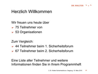 Herzlich Willkommen
Wir freuen uns heute über
75 Teilnehmer von
53 Organisationen
Zum Vergleich:
44 Teilnehmer beim 1. Sicherheitsforum
67 Teilnehmer beim 2. Sicherheitsforum
Eine Liste aller Teilnehmer und weitere
Informationen finden Sie in Ihrem Programmheft
3. Dr. Walter Sicherheitsforum, Siegburg, 10. März 2015
 