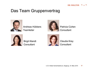Das Team Gruppenvertrag
3. Dr. Walter Sicherheitsforum, Siegburg, 10. März 2015
Andreas Hübbers
Teamleiter
Birgit Klandt
Consultant
Claudia Krey
Consultant
Patricia Cürten
Consultant
 