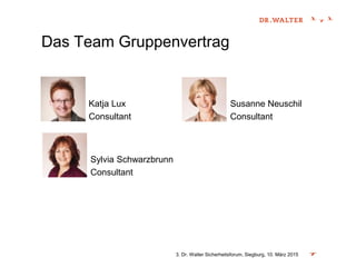 Das Team Gruppenvertrag
3. Dr. Walter Sicherheitsforum, Siegburg, 10. März 2015
Katja Lux
Consultant
Sylvia Schwarzbrunn
Consultant
Susanne Neuschil
Consultant
 