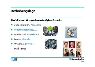 Einfallstore für zunehmende Cyber-Attacken
 Zugangsdaten, Passworte
 Mobile Endgeräte, ….
 Manipulierte Hardware
 Faktor Mensch
 Unsichere Software:
Mail-Server
Bedrohungslage
 