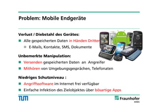 Verlust / Diebstahl des Gerätes:
 Alle gespeicherten Daten in Händen Dritter
 E-Mails, Kontakte, SMS, Dokumente
Unbemerkte Manipulation:
 Versenden gespeicherten Daten an Angreifer
 Mithören von Umgebungsgesprächen, Telefonaten
Niedriges Schutzniveau :
 Angriffssoftware im Internet frei verfügbar
 Einfache Infektion des Zielobjektes über bösartige Apps
Problem: Mobile Endgeräte
 