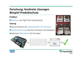 Problem
Nachbau von High-Tech Komponente
Lösung
Secure Element als Hardwareanker für Firmware
Authentifizierung zwischen Firmware und Hardware
Software Obfuskation für Firmware
Forschung: Konkrete Lösungen
Beispiel Produktschutz
 