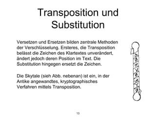 Transposition und
Substitution
Versetzen und Ersetzen bilden zentrale Methoden
der Verschlüsselung. Ersteres, die Transposition
belässt die Zeichen des Klartextes unverändert,
ändert jedoch deren Position im Text. Die
Substitution hingegen ersetzt die Zeichen.
Die Skytale (sieh Abb. nebenan) ist ein, in der
Antike angewandtes, kryptographisches
Verfahren mittels Transposition.
13
 