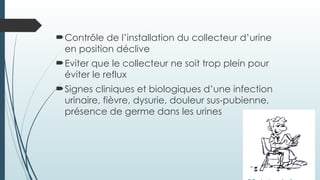 Contrôle de l’installation du collecteur d’urine
en position déclive
Eviter que le collecteur ne soit trop plein pour
éviter le reflux
Signes cliniques et biologiques d’une infection
urinaire, fièvre, dysurie, douleur sus-pubienne,
présence de germe dans les urines
 