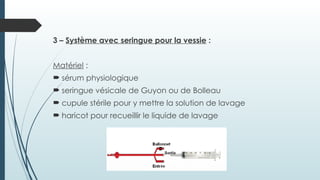 3 – Système avec seringue pour la vessie :
Matériel :
 sérum physiologique
 seringue vésicale de Guyon ou de Bolleau
 cupule stérile pour y mettre la solution de lavage
 haricot pour recueillir le liquide de lavage
 