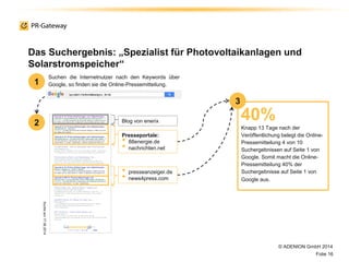 3
Das Suchergebnis: „Spezialist für Photovoltaikanlagen und
Solarstromspeicher“
© ADENION GmbH 2014
Folie 16
Suchen die Internetnutzer nach den Keywords über
Google, so finden sie die Online-Pressemitteilung.
40%
Knapp 13 Tage nach der
Veröffentlichung belegt die Online-
Pressemitteilung 4 von 10
Suchergebnissen auf Seite 1 von
Google. Somit macht die Online-
Pressemitteilung 40% der
Suchergebnisse auf Seite 1 von
Google aus.
1
2
Presseportale:
• 88energie.de
• nachrichten.net
• presseanzeiger.de
• news4press.com
Blog von enerix
Sucheam17.06.2014
 